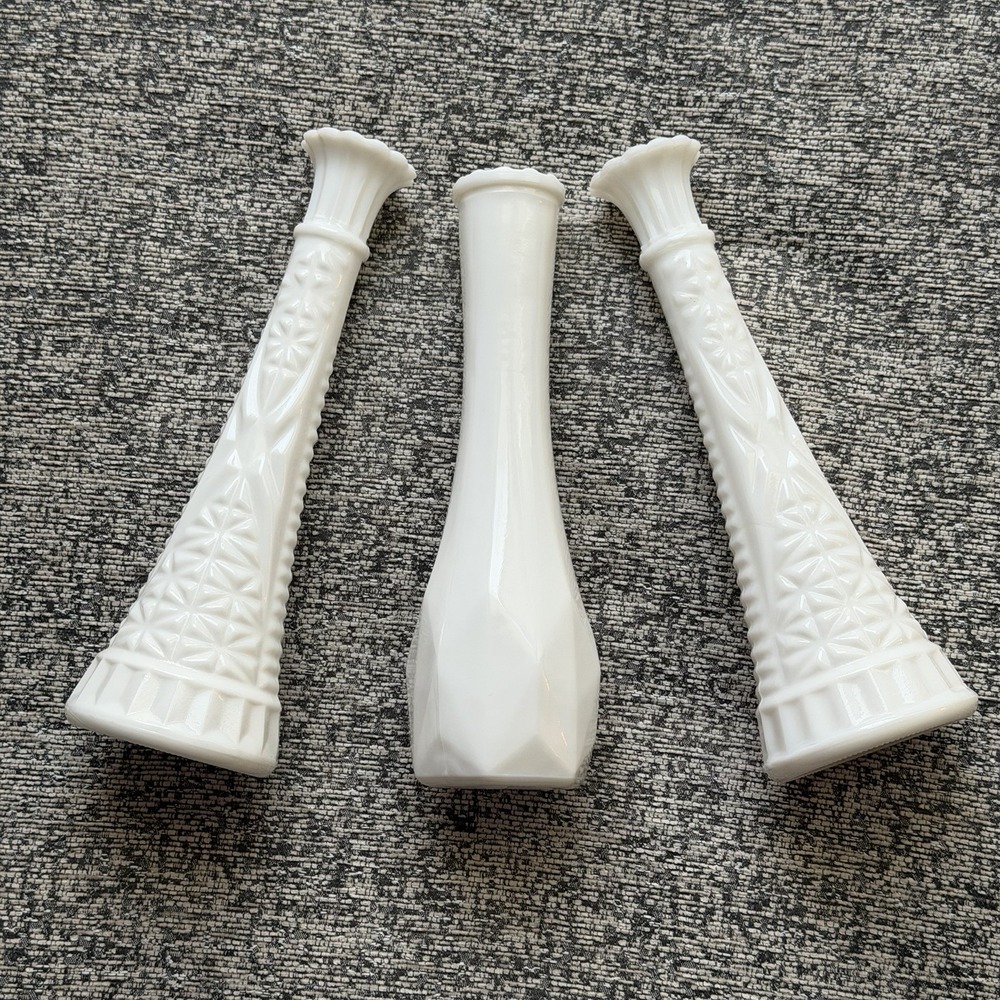 Vintage Milk Glass Bud Vases 9" Tall Set Of 3 Fluted Wedding Decor Art MCM